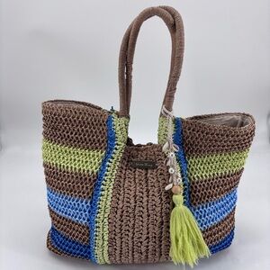 Time and Tru Shore Thing Bondi Raffia Straw Shell Tassel Beach Resortwear Tote